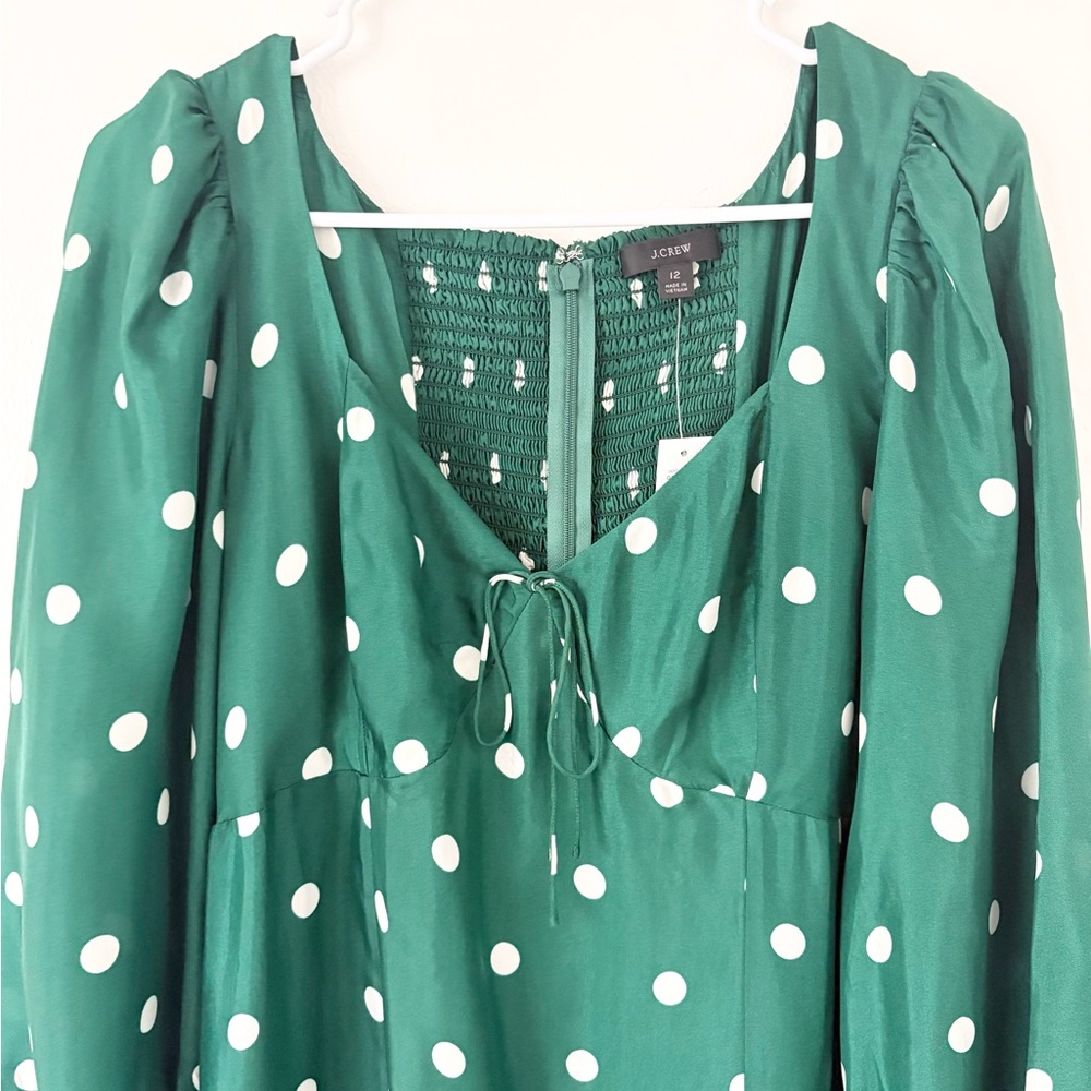 J Crew NEW Green White Polka Dot Sweetheart Long Sleeve Midi Dress Size 12 - Picture 8 of 13